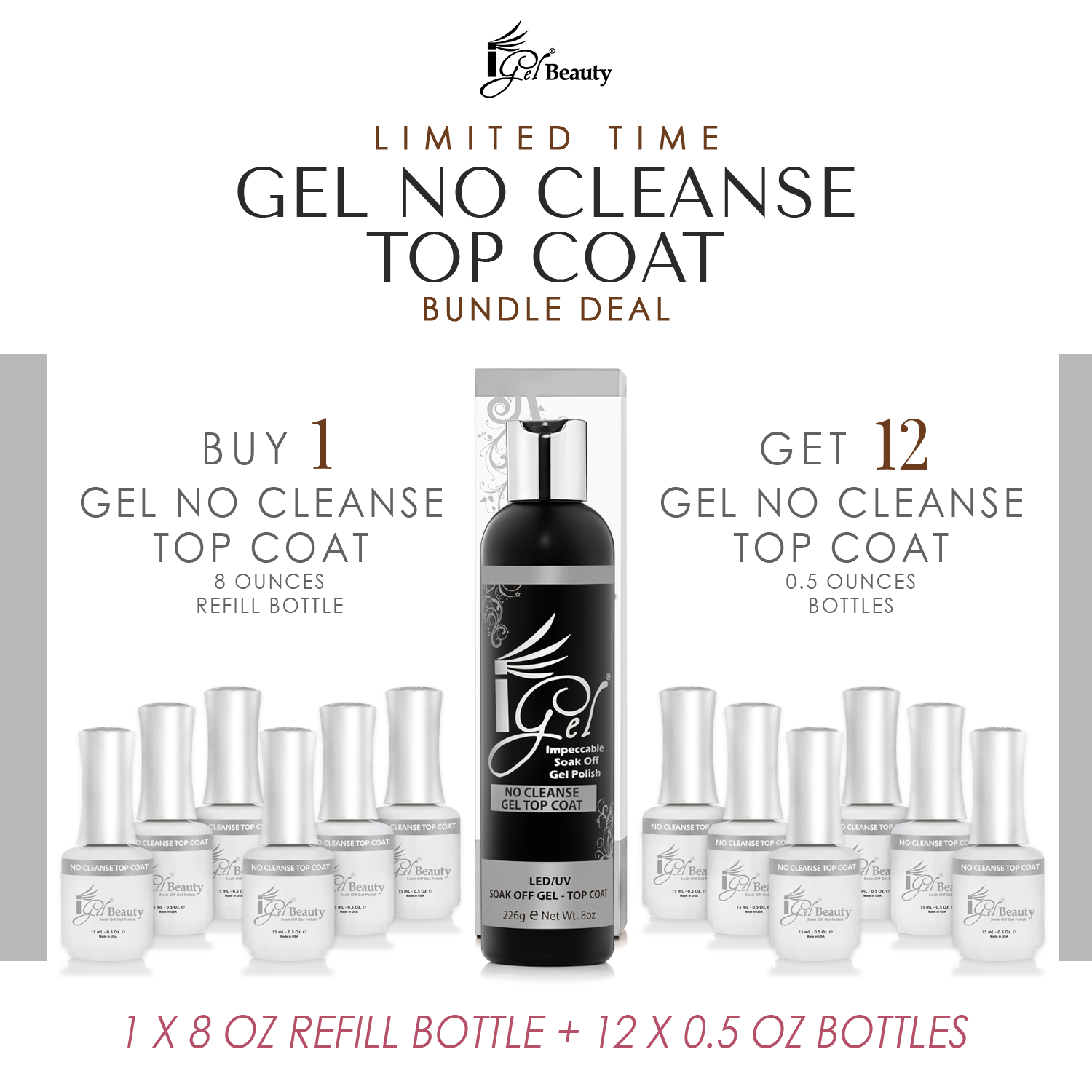 REFILL BUNDLE - IGEL NO CLEANSE TOP COAT - 8 OZ + 12 FREE 0.5 OZ BOTTLES