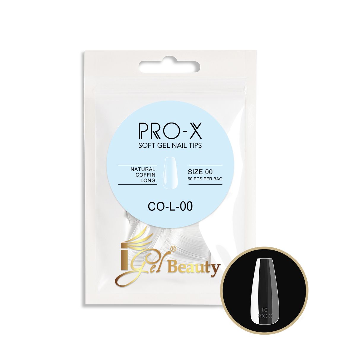 iGel - PRO-X Soft Gel Nail Tips 15 - Natural Coffin Long (Refill Bag)